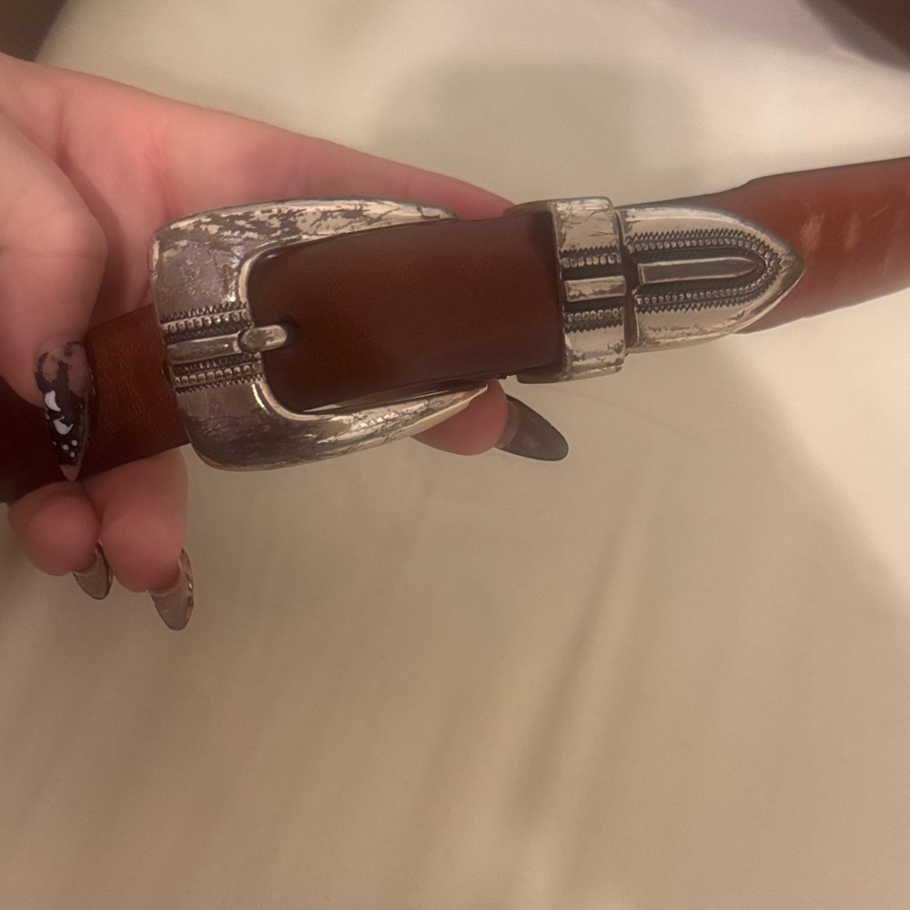 Enmon Italian Saddle Leather Western Texas Longhorn Concho Silver Buckle